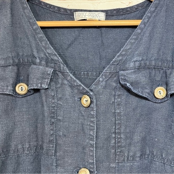 Rose Parks Top Womens 3 Blue Tunic Shirt Vest Linen Button Up Hi Low Pockets - Picture 9 of 11